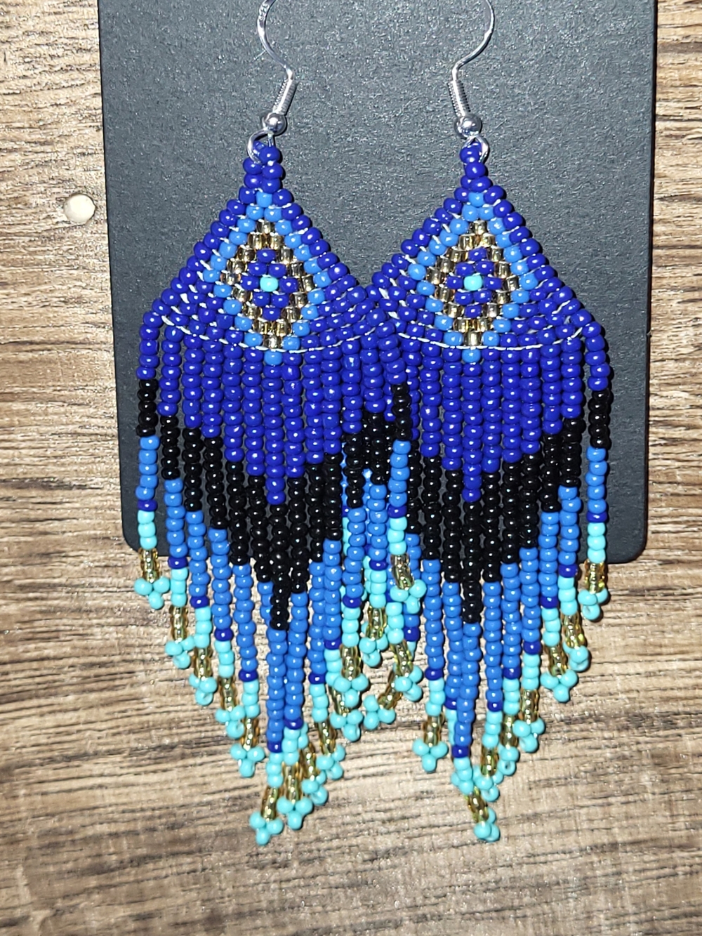 Handmade Blue Beaded Fringe Earrings - Turquoise & Gold Accent